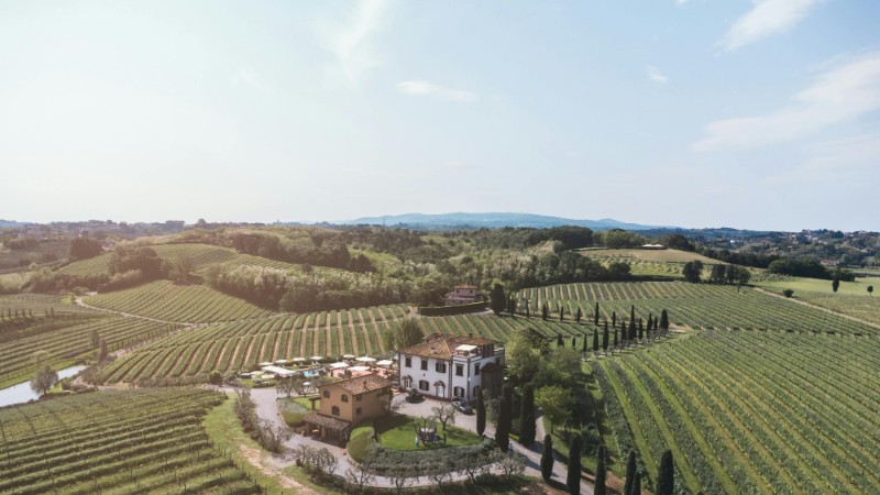 A picturesque aerial view of a villa amidst Tuscany's rolling vineyards, capturing serene countryside beauty., tags: della vita - pexel